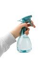 Spray Bottle in Hand Isolated, Blue Sprayer with Water, Mini Flower Spray Gun, Plastic Pulverizer on White