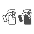 Spray bottle in hand line and solid icon, washing concept. Vector graphics. Hand with antiseptic bottle sign on white Royalty Free Stock Photo