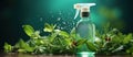 Spray bottle of mint essential oil with fresh green mint leaves