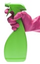 Spray Bottle with Pink Gloved Hand on the Trigger Royalty Free Stock Photo