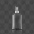 Spray bottle. Realistic empty package, 3D tube from glass or plastic and lid with atomizer. Packaging for cosmetic products and Royalty Free Stock Photo