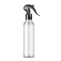 Spray bottle with white blank label. Cosmetic product white spraying container mockup. Trigger pump sprayer with black cap