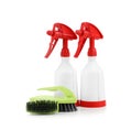 Spray bottles of cleaning products and brushes Royalty Free Stock Photo