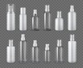 Spray bottles. Realistic cosmetic aerosol, deodorant or sprayer clear bottle package mockups. 3d plastic cream dispenser