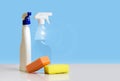 Spray bottles and washcloths for cleaning.