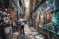 spray can in hand, artist at work on wall of graffiti-filled alleyway