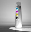 A spray can of paint and a remote control color CMYK. 3d render. Royalty Free Stock Photo