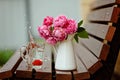 Spray clean drinking water from transparent circles on a background of pink roses and green leaves in the summer on the bench Royalty Free Stock Photo