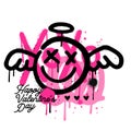 Spray graffiti winged cupid emoji over sprayed abstract shapes and xoxo lettering. Trendy 90s vintage Vector