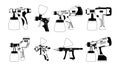 Spray Guns Black And White Icons. Handheld Tools That Use Compressed Air To Spray Paint, Coatings, Or Liquids