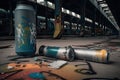 spray paint canister on the ground, with graffiti sprayer artist working nearby