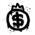 Spray painted graffiti currency in black over white. Drops of sprayed dollar and crown icon. isolated on white background