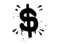 Spray painted graffiti currency in black over white. Drops of sprayed dollar icon