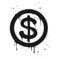 Spray painted graffiti currency in black over white. Drops of sprayed dollar icon