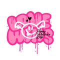 Spray painted graffiti flying emoji with wings icon in black over pink sprayed words Love wins. Trendy 90s street art