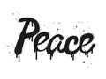Spray painted graffiti Peace word in black over white. Drops of sprayed Peace words