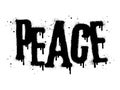 Spray painted graffiti Peace word in black over white. Drops of sprayed Peace words