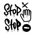 Spray Painted Graffiti set with different Stop signs - Hand icon, cross, word. Sprayed black paint isolated with a white