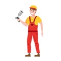 Spray painter professional character spraying yellow paint from paint gun wearing uniform. Flat cartoon style vector Royalty Free Stock Photo