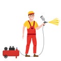 Spray painter professional character spraying yellow paint from paint gun and compressor wearing uniform. Flat cartoon Royalty Free Stock Photo