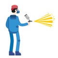 Spray painter professional character spraying yellow paint from paint gun wearing mask and uniform. Flat cartoon style Royalty Free Stock Photo