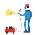Spray painter professional character spraying yellow paint from paint gun wearing mask and uniform compressor. Flat Royalty Free Stock Photo