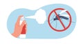 Spray for protection against mosquito bites. Hand hold spraying repellent aerosol. Bloodsucker insect in forbidden sign