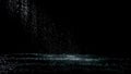 Spray spatters rain fall against on the water surface which glow. Black background. White neon lighting in dark studio