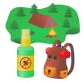 Spray for ticks, an indispensable item on a hike. Vector illustration in cartoon style. Royalty Free Stock Photo