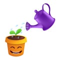 A spray of water drops from a metal watering can irrigate a green sprout in a flower pot. Vector illustration of plant care in a