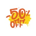 Sprayed -50 percent off urban graffiti with overspray over abstract color shape. Vector textured illustration.