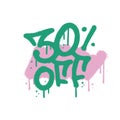 Sprayed 30 percent off urban graffiti with overspray over abstract color shape. Vector textured illustration.