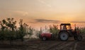 Spraying trees in fruit orchard