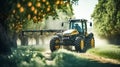 Spraying trees orchard. Apple fruit tree spraying with a tractor and agricultural machinery in summer. Royalty Free Stock Photo