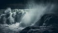 Spraying waves break on majestic rocky seascape generative AI