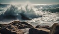 Spraying waves crash on rough coastline, idyllic beauty in nature generated by AI Royalty Free Stock Photo