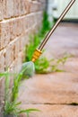 Spraying weed killer herbicide to control unwanted plants and grass on a backyard. Building exterior Royalty Free Stock Photo