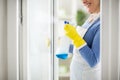 Spraying on window with cleanser Royalty Free Stock Photo