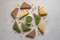 Various dip sauces on grey table, top view. The spread on the bread of chickpea. Royalty Free Stock Photo