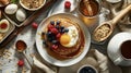 A spread of golden pancakes topped with syrup and berries paired with hardboiled eggs granola and yogurt all enjoyed in