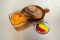 Spread from grated carrot, parsley and celery with plant mayonnaise, bread and tomato Royalty Free Stock Photo