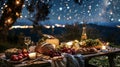 Spread out a feast of fruits breads and cheeses under the sparkling night sky Royalty Free Stock Photo