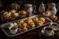 a spread of scones and muffins on a fancy tray, with tea cups and teapots nearby