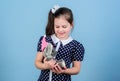 Spreading love. Kid cute girl play with soft toy mouse. Happy childhood. Child care. Sweet childhood. Childhood concept