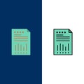 Spreadsheet, Business, Data, Financial, Graph, Paper, Report Icons. Flat and Line Filled Icon Set Vector Blue Background