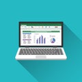 Spreadsheet on Laptop screen flat icon. Financial accounting report concept. office things for planning and accounting, analysis, Royalty Free Stock Photo