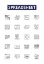 Spreadsheet line vector icons and signs. Data, Table, Calculation, Calc, Sheet, Formulas, Grid, Chart outline vector