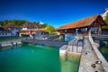 Spreuer bridge in the historic city center of Luzern with the hotel chateau Guetsch in the background, Luzern, Switzerland Royalty Free Stock Photo