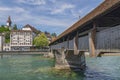 The Spreuer Bridge Spreuerbrucke or Muhlenbrucke, one of two extant covered wooden footbridges in the city of Lucerne over Reuss