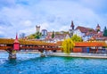 Spreuerbrucke Bridge across Reuss river and the houses of old town, Lucerne, Switzerland